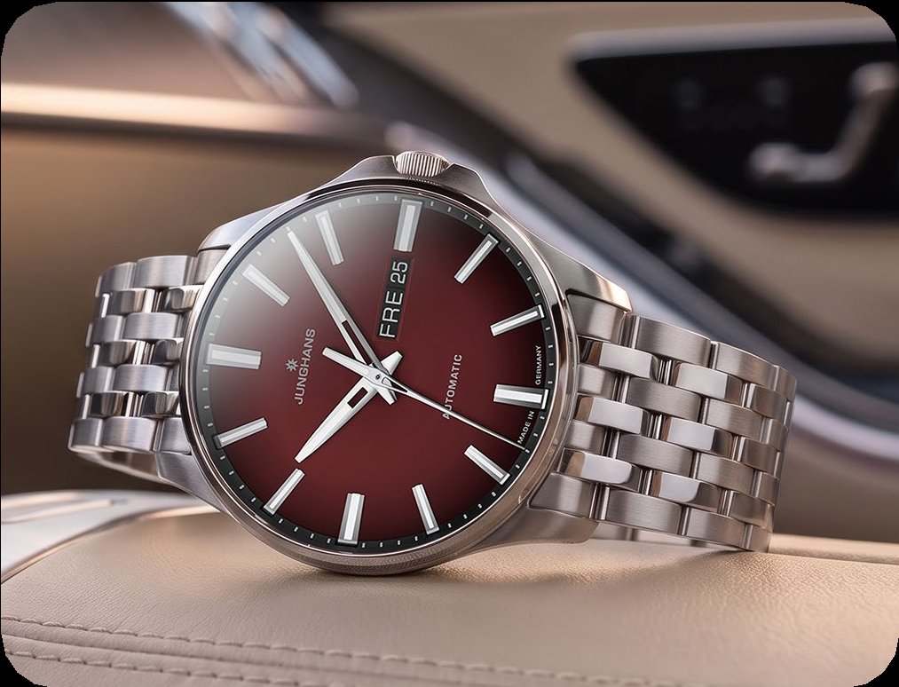 Junghans Meister S Automatic mit tiefrotem Zifferblatt und 44-mm-Gehäuse.