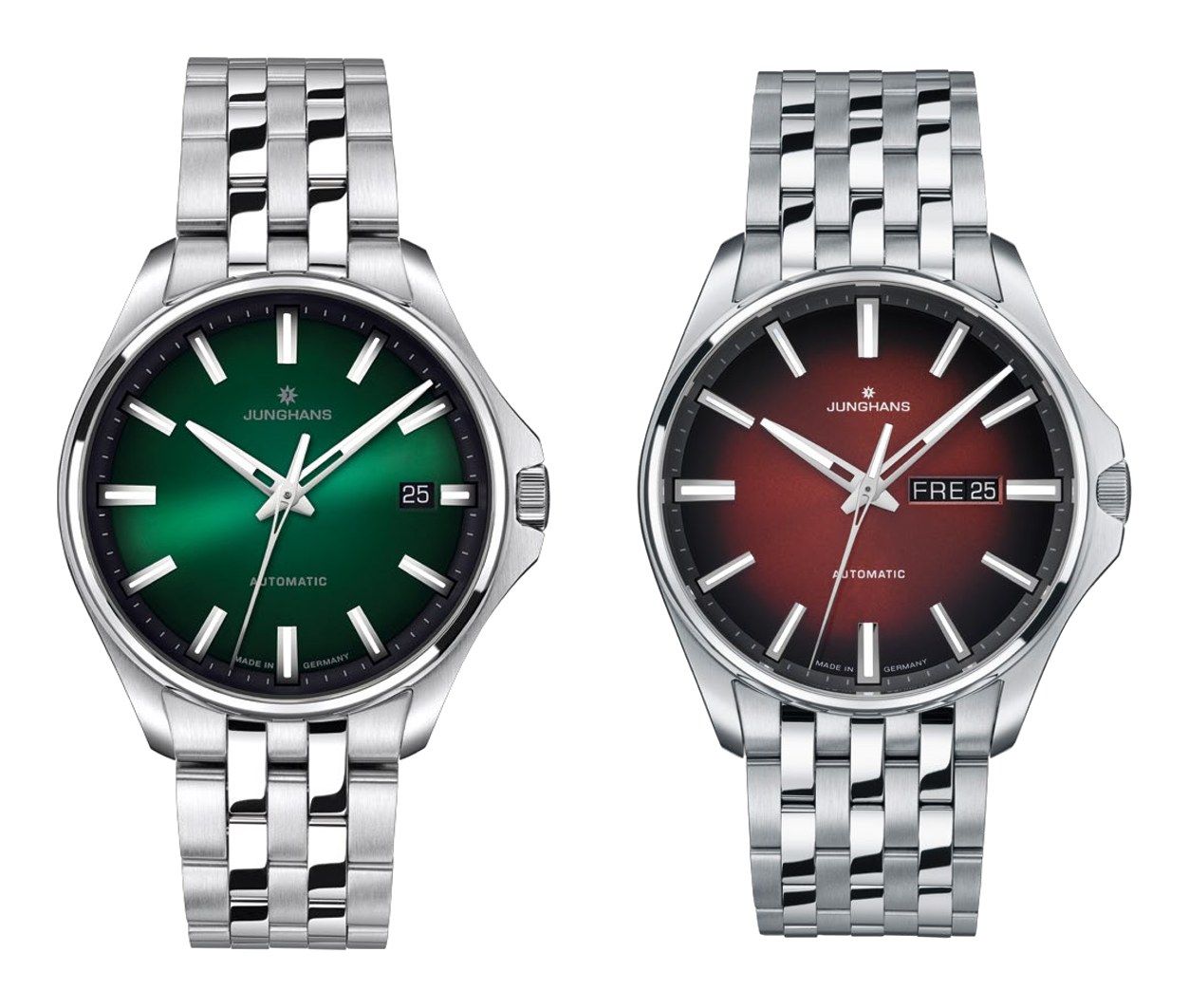 Junghans Meister S Automatic 36 (Tannengrün) und Meister S Automatic (Tiefrot) im Vergleich.