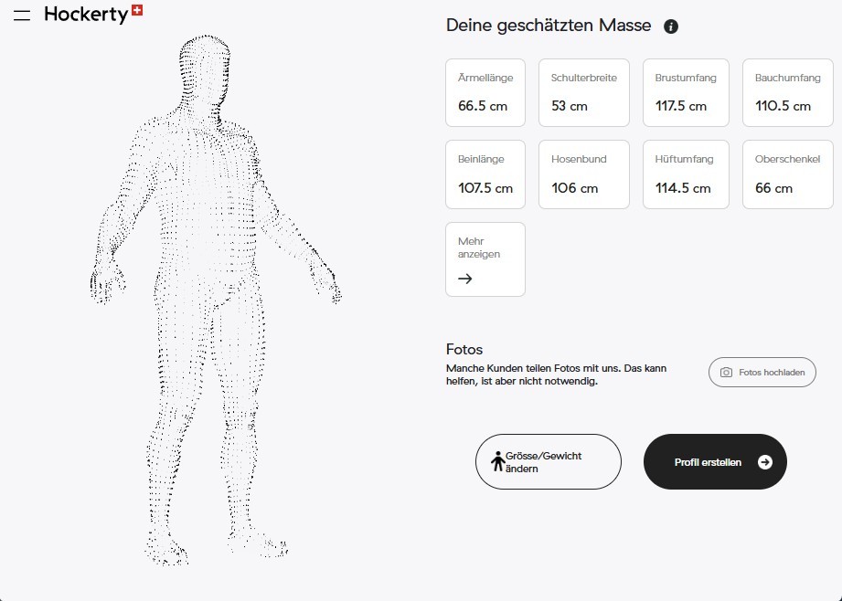 Digitales Körperprofil von Hockerty mit dreizehn geschätzten Massen an einem 3D-Abbild